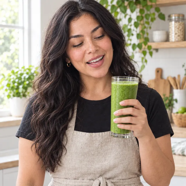 La misma mujer sonríe con un vaso de batido verde en la cocina