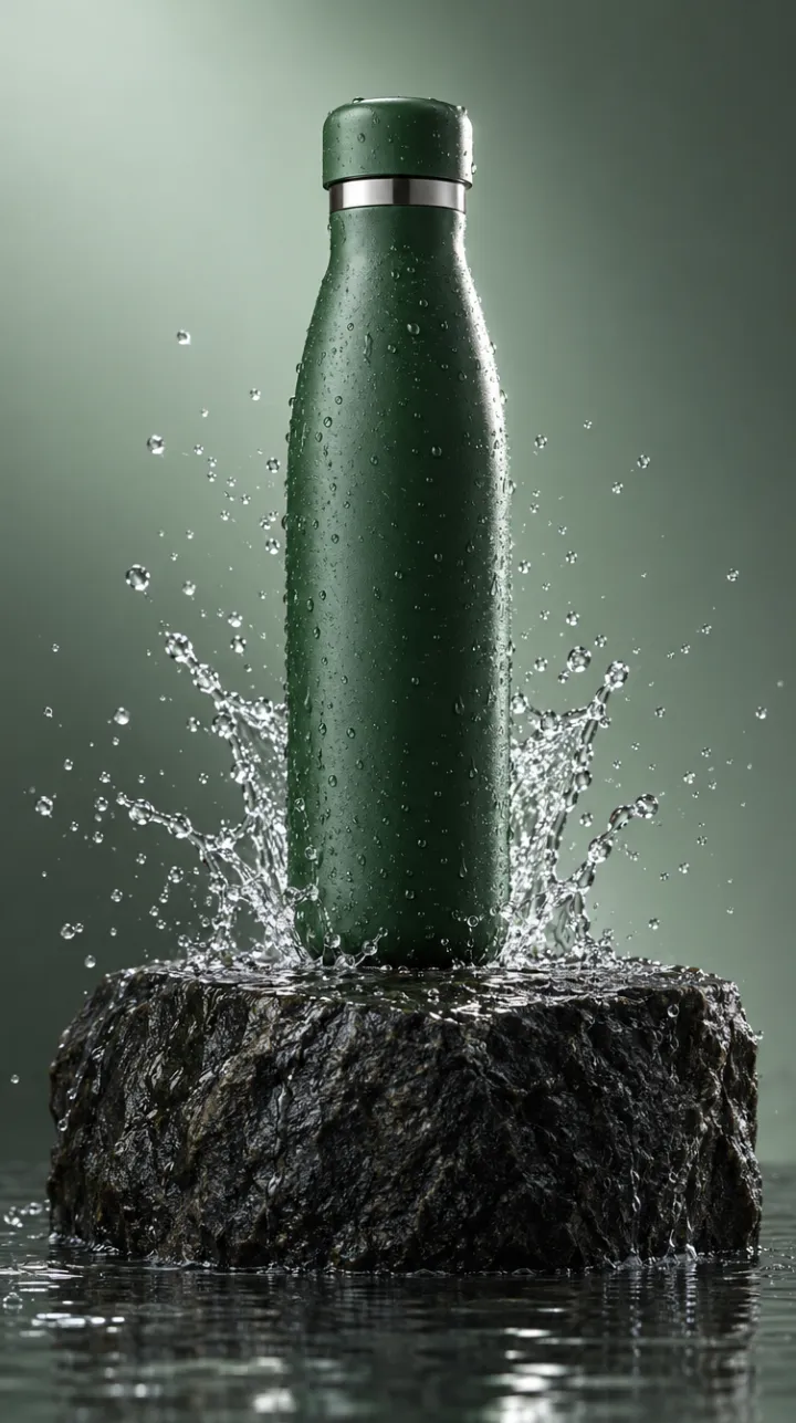 Botella verde de acero sobre una piedra mojada con salpicaduras de agua