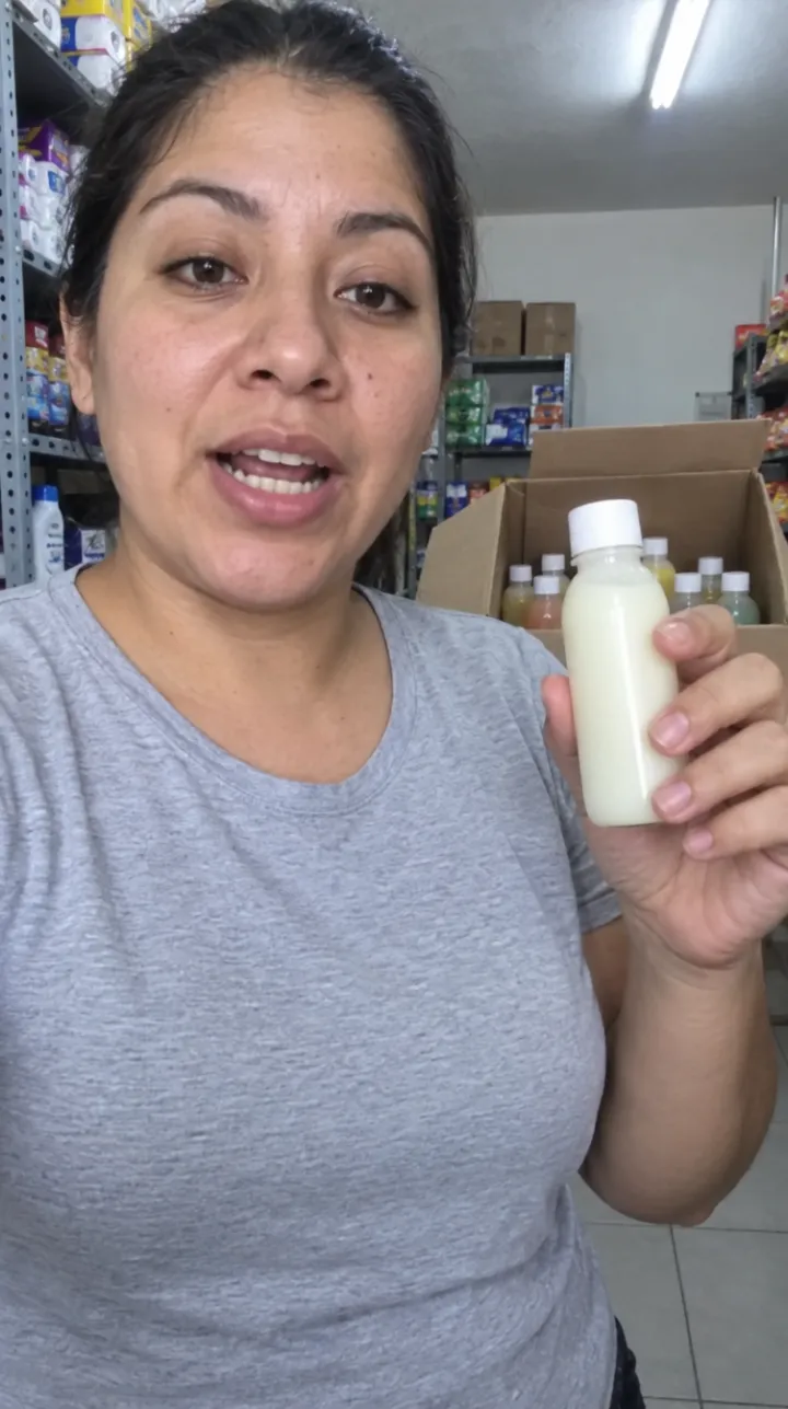 Mujer con playera gris se graba con el celular en la bodega de su tienda mostrando un frasco pequeño