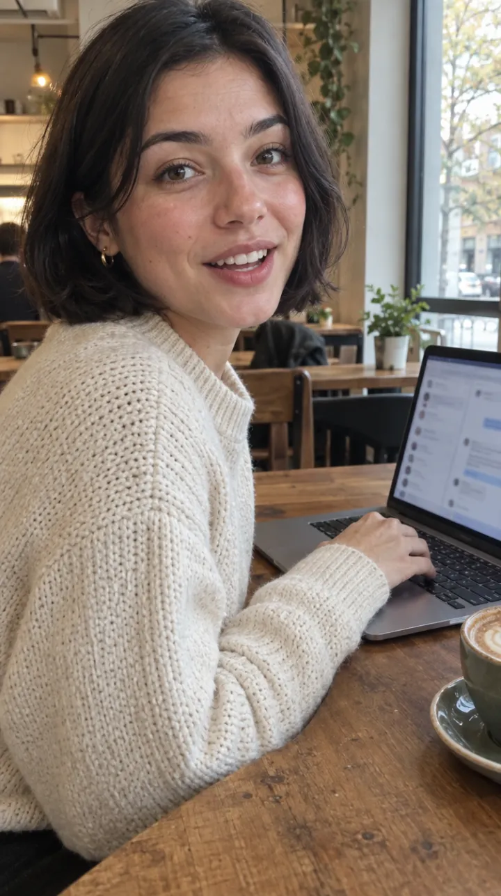 Mujer joven en una cafetería se gira hacia la cámara con la laptop abierta
